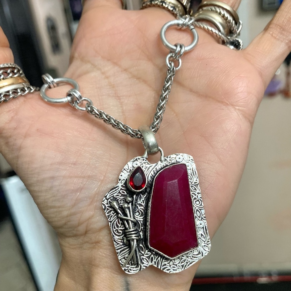 Genuine Garnet & pink Indian ruby gemstones boho charm silver necklace - Picture 9 of 16